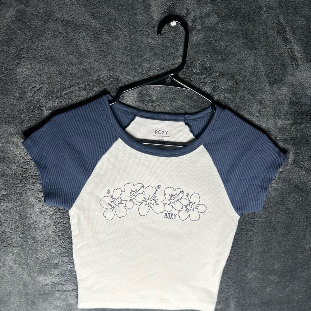 Roxy Blue and White Short Sleeve Tee with Cartoon Design
